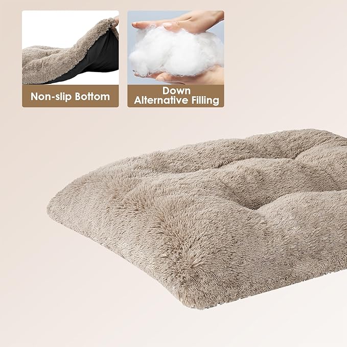 EHEYCIGA Fluffy Dog Crate Bed for Extra Large Dogs, Plush Faux Fur XLP Pad, Calming Anti Anxiety XL Plus Bed for Crate, Washable Soft Warm Dog Mat with Non-Slip Bottom, Taupe