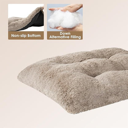 EHEYCIGA Fluffy Dog Crate Bed for Extra Large Dogs, Plush Faux Fur XLP Pad, Calming Anti Anxiety XL Plus Bed for Crate, Washable Soft Warm Dog Mat with Non-Slip Bottom, Taupe