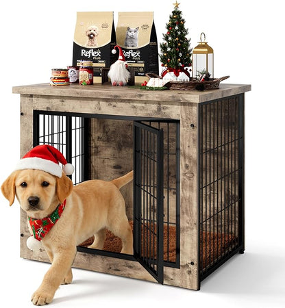 Dog Crate Furniture with Thick Cushion, Side End Table Wooden Dog Cage with Double Doors, Chew-Resistant Dog Kennel Dog House Indoor for Small to Large Dog