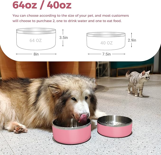 WENBOKMIN Dog Bowl, Stainless Steel Dog Food and Water Bowl with Non Slip Quiet Bottom, Easy to Clean, Dishwasher Safe, 64oz, Pink