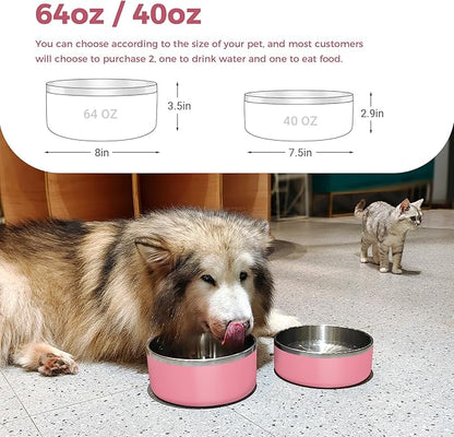 WENBOKMIN Dog Bowl, Stainless Steel Dog Food and Water Bowl with Non Slip Quiet Bottom, Easy to Clean, Dishwasher Safe, 64oz, Pink