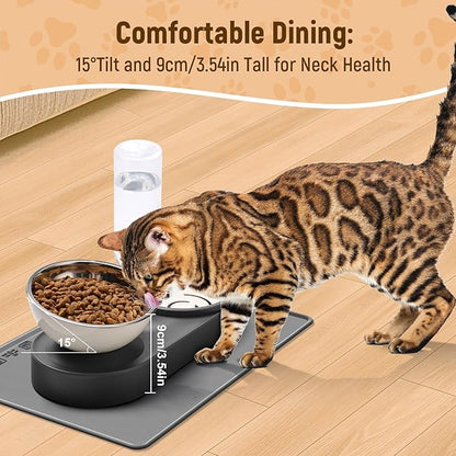 Marchul 2-in-1 Dog Bowl, Elevated Cat Food and Water Bowl with No-Spill Mat, 15° Tilt Stainless Steel Dish + 500ml Leak-Proof Bottle, Easy Clean Design (Dry/Wet Food & Water)