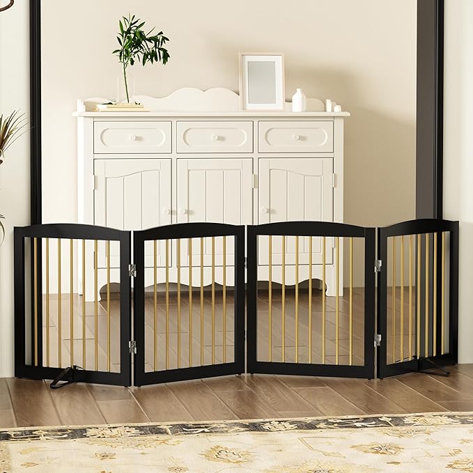 PUPETPO Freestanding Pet Gate for Dogs, Foldable Wooden Dog Gate for House, Indoor Dog Gate for Stairs, Doorways, Step Over Pet Puppy Safety Fence, 80 Inch Wide, 4 Panels 24", Black & Gold