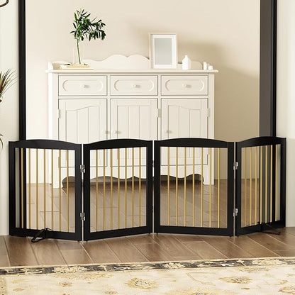 PUPETPO Freestanding Pet Gate for Dogs, Foldable Wooden Dog Gate for House, Indoor Dog Gate for Stairs, Doorways, Step Over Pet Puppy Safety Fence, 80 Inch Wide, 4 Panels 24", Black & Gold