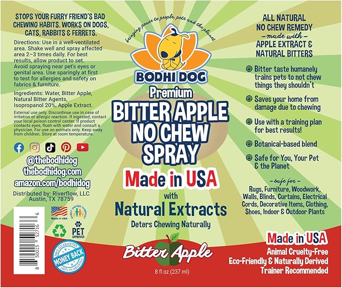 Bodhi Dog Bitter Apple No Chew Spray - Natural Training Aid for Dogs & Puppies - Discourages Pet from Chewing and Biting on Furniture, Shoes, Plants & More - Safe, Humane - Made in USA (8 Fl Oz)