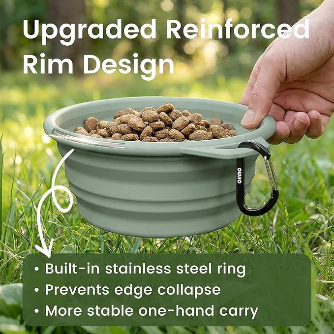 OHMO Collapsible Dog Water Bowls w/Built-in Stainless Steel Ring – 2pcs Large 27oz/800ml Portable Silicone Pet Feeding Bowl for Hiking, Camping, Travel