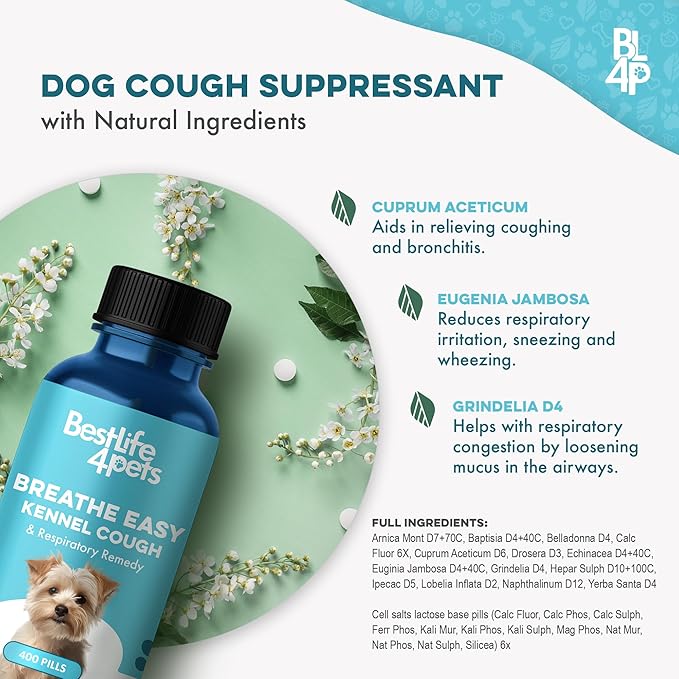 Breathe Easy Natural Cough Relief for Dogs - Gentle Dog Nasal Congestion and Sneezing Relief Plus Trachea and Airway Support Helps Senior & Brachycephalic Dogs Have Easier Days and More Restful Sleep