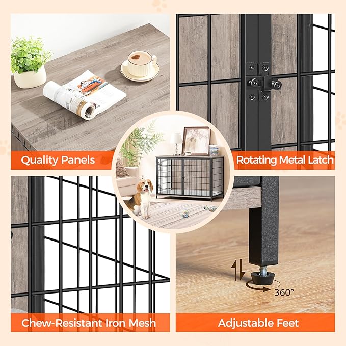 MAHANCRIS Dog Crate Furniture with Cushion, Wooden Dog Kennel with Double Doors, Heavy Duty Dog Cage for Small/Medium/Large Dogs, Indoor Dog House End Table, 39.4" L, Greige DCHG10701