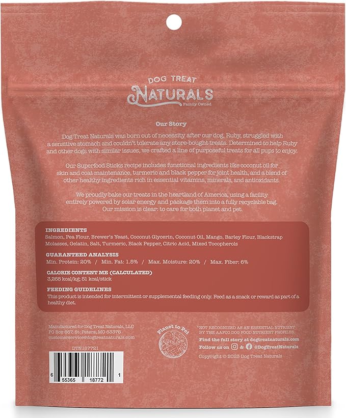 Dog Treat Naturals Superfood Sticks, Salmon & Mango, 10oz Bag | Dog Chew Sticks | All-Natural, Pet Training Treats | Joint-Skin-Coat Health | USA Made