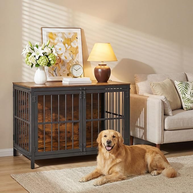 HOOBRO Heavy Duty Dog Crate Furniture, 39.4" Wooden Indoor Kennel with 3 Doors, Chew Resistant Metal Cage for Medium and Large Breeds, Dog Crate Side Table, Black and Rustic Brown BF101GW03