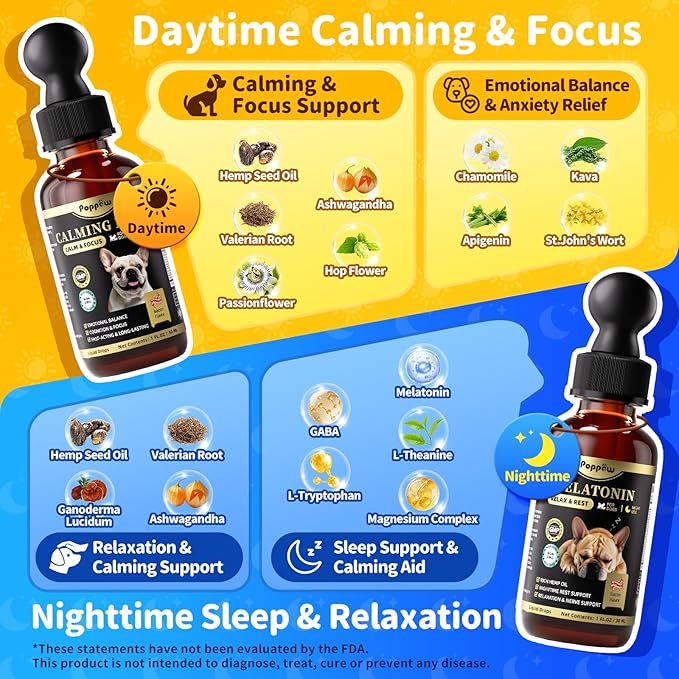 Hemp & Melatonin Calming Drops for Dogs – Day & Night Calming Treat for Anxiety Relief, Stress, Aggression, Separation, Relaxation & Sleep Aid, Bacon Flavor, 2 FL Oz