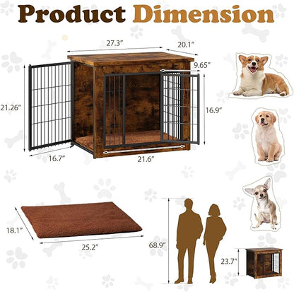 Dog Crate Furniture with Thick Cushion, Side End Table Wooden Dog Cage with Double Doors, Chew-Resistant Dog Kennel Dog House Indoor for Small to Large Dog