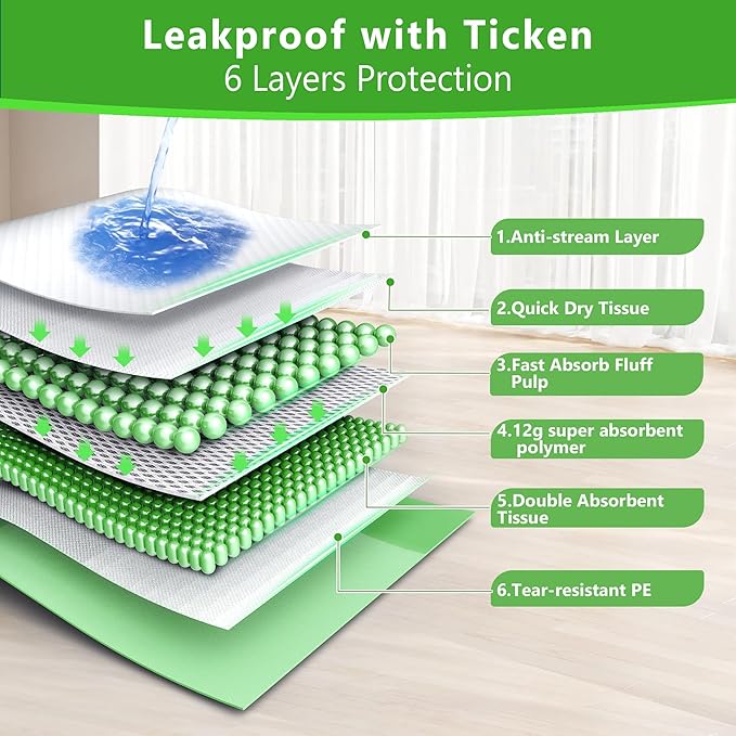 Gimars XL 6-Layer Ultra Absorbent 1200ml 48-Hour Leak-Proof Dog Pee Pads, Quick Dry Extra Large Puppy Pads for Puppy Training, Senior & Incontinent Dogs, Cats, Overnight Use, 30"x36", 30 Count Green