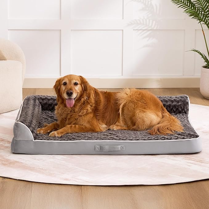 Dog Bed Large Sized Dogs, XXL Orthopedic Dog Bed for Large Dogs, Waterproof Pet Bed with Washable Removable Cover, L-Shaped Pet Couch with Portable Handle 48"x35"x7.5", Grey