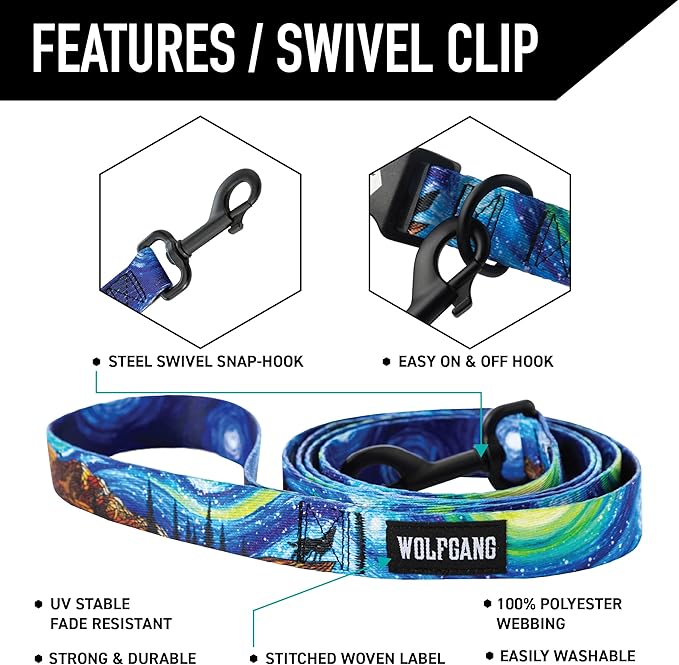 Wolfgang Heavy Duty Dog Leash, Pull-Tested for Walking & Training, StarryWolf Print, Large