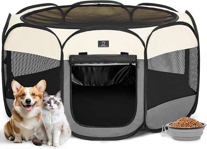 Dog Playpen for Small Dogs & Puppies, 40.55" Portable Indoor Outdoor Puppy Playpen with Bowl, Waterproof Floor, Foldable Pop-Up Pet Pen for Home, Travel & Daily Use, Grey+Beige