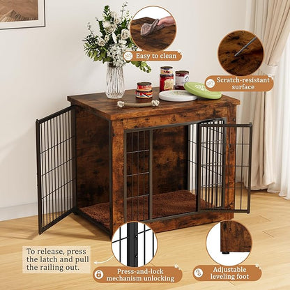 Greesum Modern Dog Crate Furniture That Doubles as a Side Table - Sturdy Wooden Kennel with Double Door Design, Equipped with Soft Cushion & Chew-Resistant Resign, Suitable for Dogs