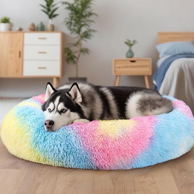 Extra Large Dog Beds, 36 Inch Human Dog Anxiety Relief Comfort Bed, Indestructible & Chew Proof Pet Beds (Rainbow)