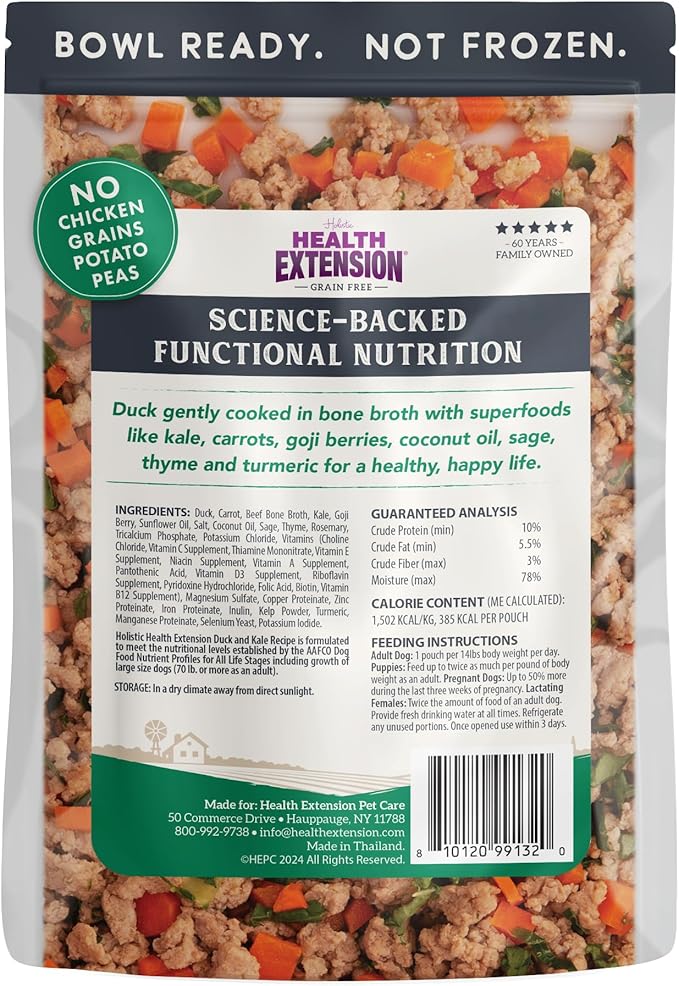 Health Extension Gently Cooked Grain-Free Duck & Kale Dog Food, Human-Grade & Shelf-Stable with Superfoods, Supports Digestion, Immunity, Skin & Coat, 3 oz Pouch (Pack of 20)