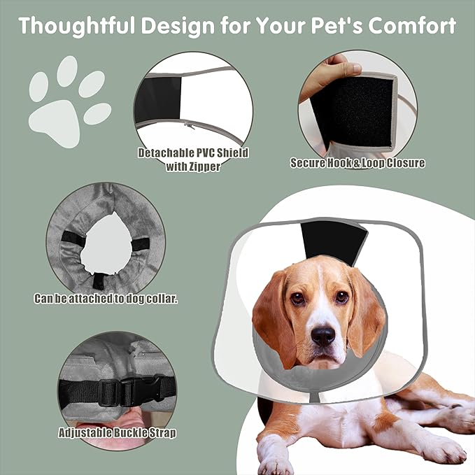 Inflatable Dog Cone with Transparent Shield, Protective Dog Donut Collar After Surgery Soft Donut Cone for Dogs, Gray, XL