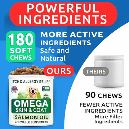 BARK&SPARK Omega 3 for Dogs and Cats-180 Fish Oil Treats for Dogs & Cats Shedding, Skin Allergy, Itch Relief, Hot Spots Treatment-Joint Health-Skin and Coat Supplement-EPA & DHA Fatty Acids-Salmon Oil