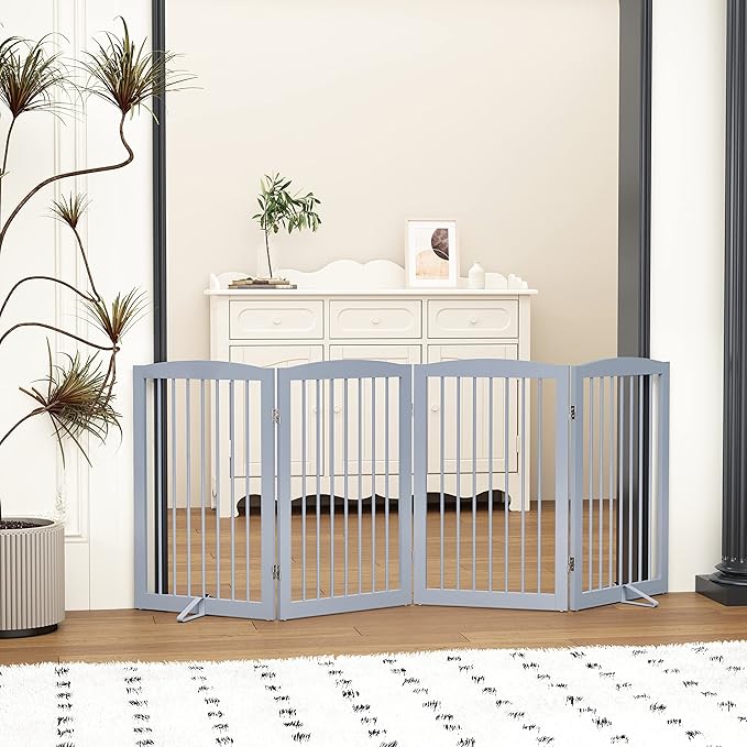 PUPETPO Freestanding Pet Gate for Dogs, Indoor Wooden Dog Gate for House, Foldable Dog Gate for Doorway, Stair, Gates for Dogs Indoor, 80 Inch Wide, 4 Panels 32", Grey