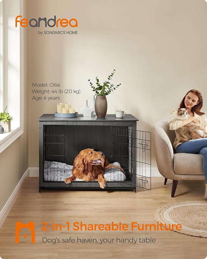 Feandrea 44.1" Dog Crate Furniture, Indoor Dog Cage Side End Table, XL Pet Wood Kennel for Large and Medium Dogs up to 80 lb with Multi-Purpose Removable Tray, Double-Door Pet House, Ink Black