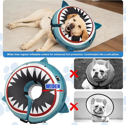 Dog Cone Inflatable Widen Dog Neck Donut Collar, Soft Cone Alternative After Surgery for Large Medium Small Dogs to Stop Licking (Blue Shark, X-Large)