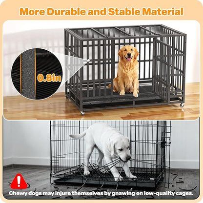 Hiwokk 48 Inch Heavy Duty Dog Crate, Indestructible Escape-Proof Dog Kennel for High Anxiety Large Dogs, Strong Metal Pet Cage with Double Doors, Lockable Wheels & Removable Tray, XL XXL XXXL