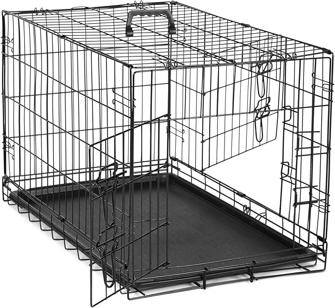 DUMOS Dog Crate with Double Doors, Metal Foldable Pet Cage with Plastic Removable Tray, Portable Large Kennel for Outdoor Indoor with Handle, Black, 42 Inch