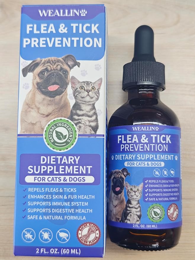 WEALLIN Flea and Tick Prevention Support for Cats and Dogs + Dog Cough Treatment Support for Dogs Pets Oral Natural Supplement Pet Care Support Drops for All Breeds and Ages