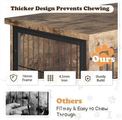 Dog Crate Furniture with Thick Cushion, Side End Table Wooden Dog Cage with Double Doors, Chew-Resistant Dog Kennel Dog House Indoor for Small to Large Dog