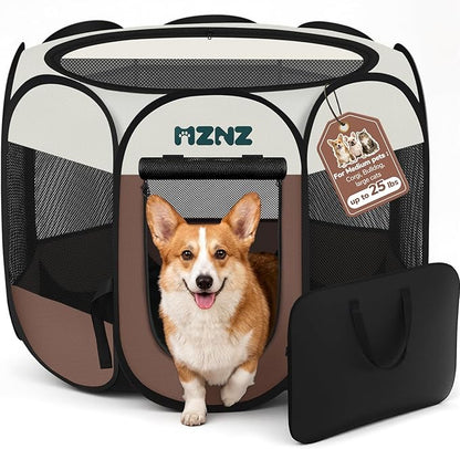 Dog Playpen, Portable Puppy Pet Crate Indoors for Small/Medium Dogs Cats Rabbits, Foldable Dog Cage Enclosure for Outdoor, Pop Up Dogs Tent Kennel with Carrying Case, Brown