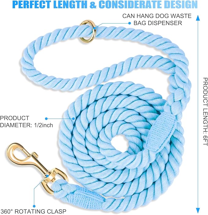 Dog Leash 6 FT Handmade Braided Cotton Rope Leashes for Small Medium and Large Dogs, New Golden Heavy Duty Metal Clasp, Light Blue