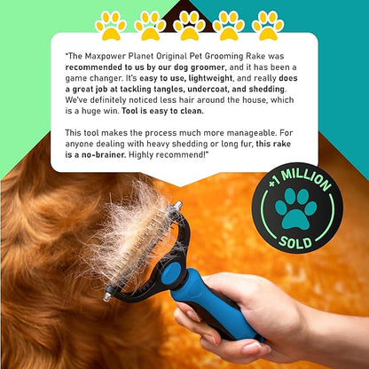 Maxpower Planet Original Pet Grooming Rake - Double-Sided Deshedding Dematting Tool, Undercoat Rake for Dogs & Cats, Extra-Wide Dog Grooming Brush & Deshedder Comb for Long Hair, Reduces Shedding 95%