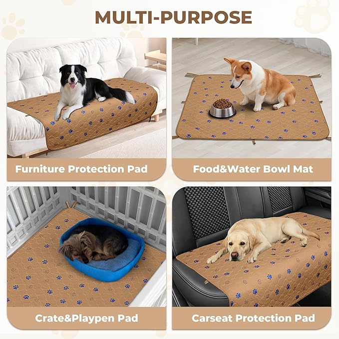 Fostanfly Washable Dog Pee Pads, 2-Pack 36"x41" Large Reusable Potty Training Pads, Ultra-Absorbent, Leak-Proof & Non-Slip, with 8 Lanyards for Playpen, Crates & Furniture, Brown