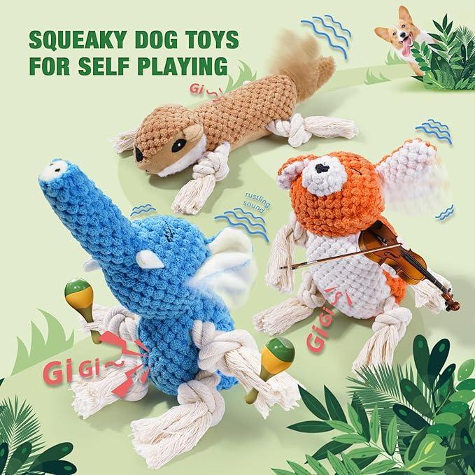 LEGEND SANDY Dog Squeaky Toys for Puppy, 5 Pack Small Dog Toys, Stuffed Animal Puppy Toys with Tug of War Ropes Value Bundle, Puppy Chew Toys for Teething with Squeakers Small Medium Breeds