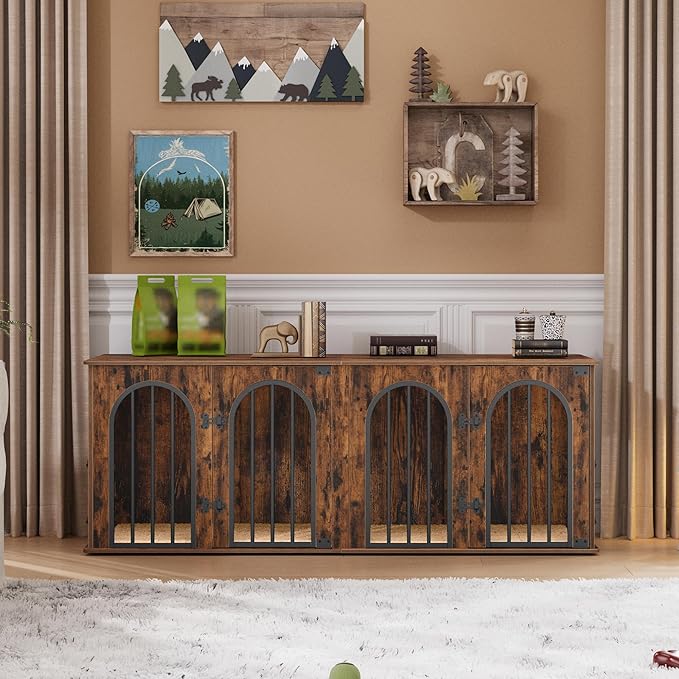Hzuaneri 63" Dog Crate Furniture for 2 Dogs, Heavy Duty Indoor Dog Kennel TV Stand, L Wooden Dog Cage with Divider for Medium Large Dogs, End Table Dog Crate with Cushion, Rustic Brown DFC80901B