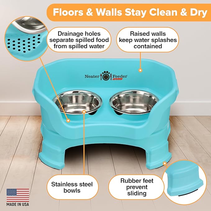 Neater Feeder Deluxe Mess-Proof Elevated Cat Bowls, 2 Height Adjustable (6” & 7.5”) No-Spill Raised Cat Bowl Stand, Whisker Friendly Stainless Steel Dishes for Indoor Cats, Made in USA, Aquamarine