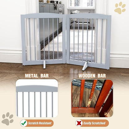 PUPETPO Freestanding Pet Gate for Dogs, Foldable Wooden Dog Gate for House, Indoor Pet Barrier for Stairs, Doorways, Support Feet Included, 24" Height 2 Panels, Grey