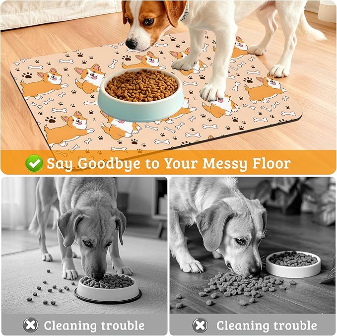 Corgi Feeding Mat,Cute Dogs Absorbent Quick-Dry Cat Dog Food and Water Bowl Mats,Non-Slip Rubber Backing Mat,Cat Dog Accessories Supplies 12" x 20"