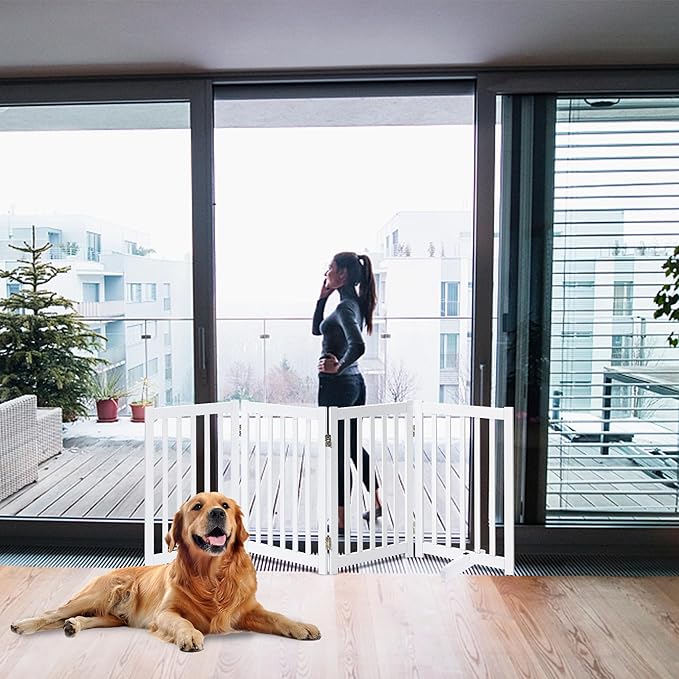 LZRS Freestanding Extra Wide Dog Gate 30 inch Tall - 4 Panels Solid Wooden Pet Gate for Doorways, Stairs, Hallways,Kitchens& Long Areas, Expandable & Foldable with Support Feet,Indoor Use,White