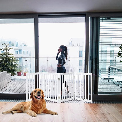 LZRS Freestanding Extra Wide Dog Gate 30 inch Tall - 4 Panels Solid Wooden Pet Gate for Doorways, Stairs, Hallways,Kitchens& Long Areas, Expandable & Foldable with Support Feet,Indoor Use,White