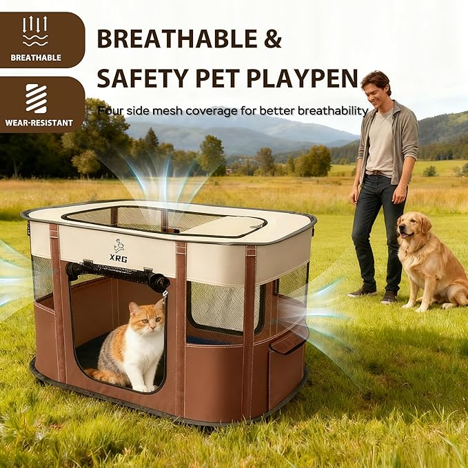 Portable Foldable Pet Playpen Collapsible Crates Kennel Playpen for Dog cat and Rabbit &Travel playpen Outdoor or Indoor (Large（35.4" L x 27.6" W x 23.6" H）, Brown)