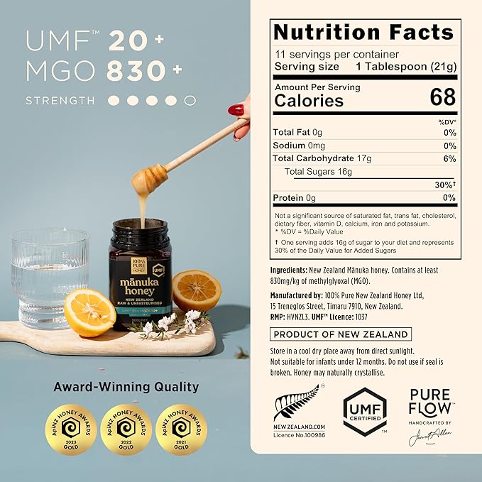 Manuka Honey UMF 20+ MGO 830+ 100% Pure New Zealand Raw & Unfiltered, Certified Award Winning, Silky Smooth Taste & Texture 8.8 Oz