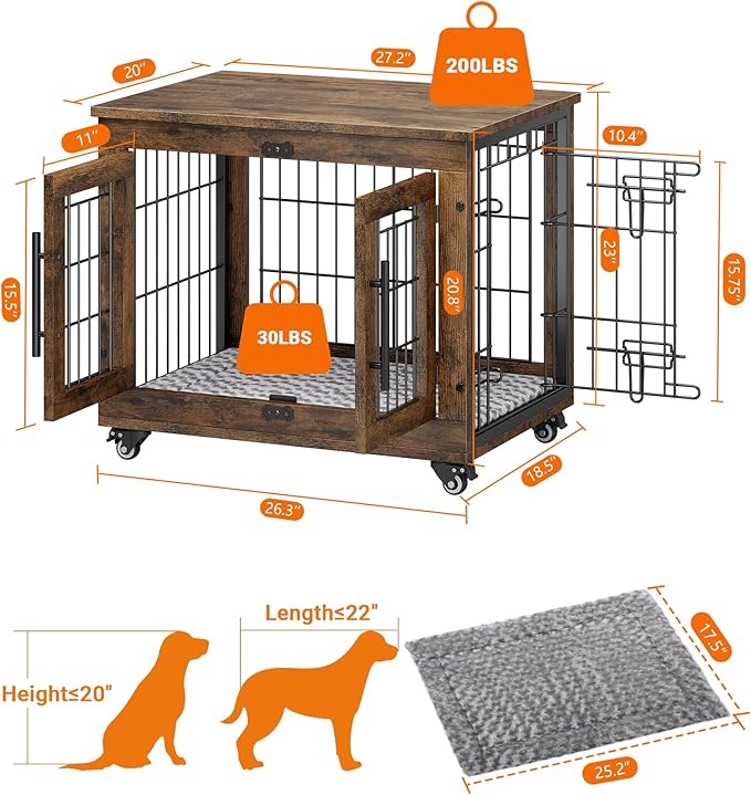 YaFiti Dog Crate Furniture with Cushion Set of 2, Wooden Dog Kennel Indoor with Double Doors, Dog Cage with Wheels, Dog House Side End Table for Small Dogs up to 30 lb, 27.2" L, Rustic Brown