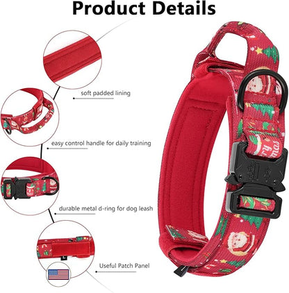 DAGANXI Christmas Tactical Dog Collar, Adjustable Military Training Nylon Dog Collar with Control Handle and Metal Buckle for Medium and Large Dogs, with Patches and Airtags Case (L, Christmas red)