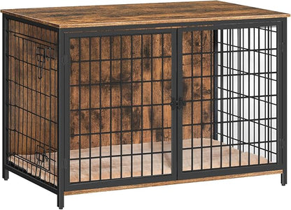 MAHANCRIS Dog Crate Furniture with Cushion, Wooden Dog Kennel with Double Doors, Heavy Duty Dog Cage for Small/Medium/Large Dogs, Indoor Dog House End Table, 39.4" L, Rustic Brown DCHR10701
