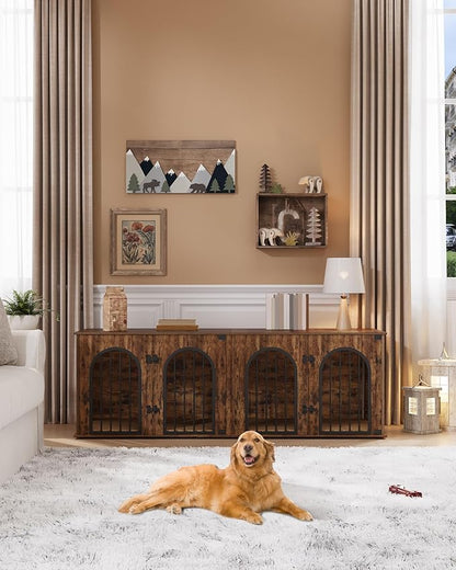 Hzuaneri 71" Dog Crate Furniture for 2 Dogs, Heavy Duty Indoor Dog Kennel TV Stand, XL Wooden Dog Cage with Divider for Medium Large Dogs, End Table Dog Crate with Cushion, Rustic Brown DFC81901B
