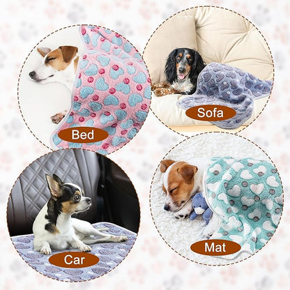 1 Pack 3 Blankets Super Soft Fluffy Premium Fleece Pet Blanket Flannel Paw Printed Throw for Dog Puppy Cat (Small 23x16'', Purple, Pink, Green)